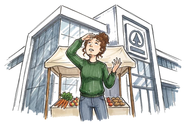 Hand-drawn illustration for the “When Organic Went Corporate” section of “Organic Food Costs Twice as Much and Is Still Sprayed”
