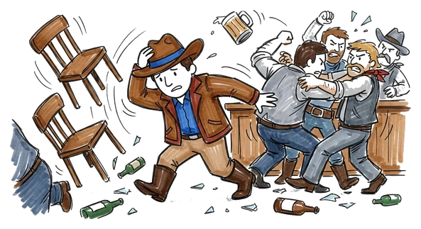 Hand-drawn illustration for the “Myth 2: The Lawless Town” section of “The Wildest Thing About the Wild West Was How Quiet It Was”